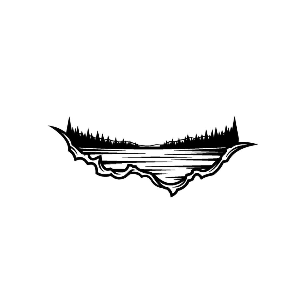 A stark silhouette depicts a stylized natural landscape featuring a serene lake bordered by a dense forest of coniferous trees all framed by jagged torn edges creating a sense of depth and int vector