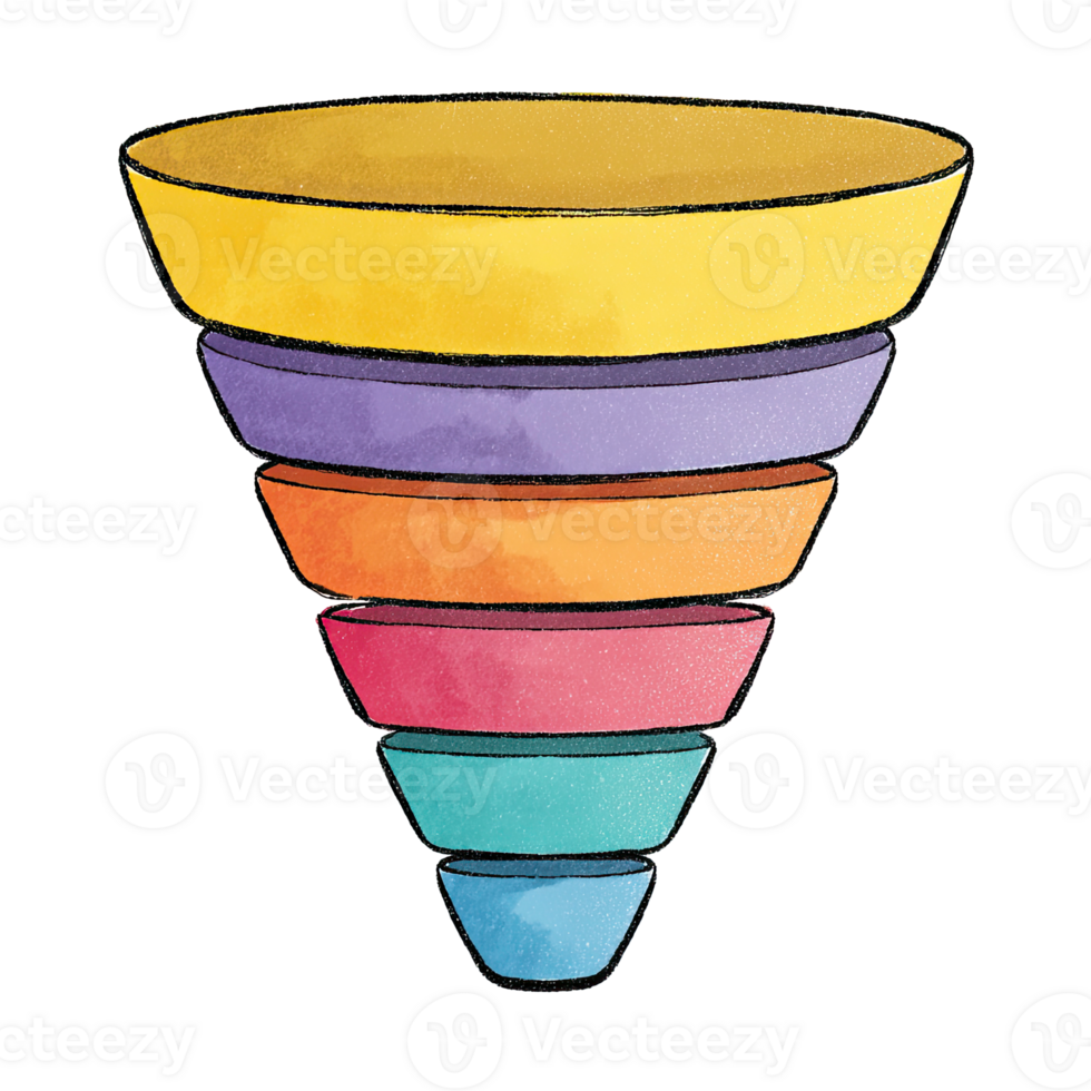vivace segmentato imbuto diagramma mostrando un' multistadio processi o filtraggio isolato su trasparente sfondo png