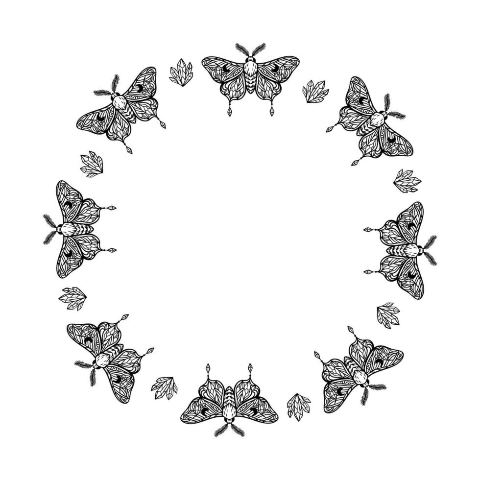 Mystical moth and crystal frame in black line art for boho or tarot design vector