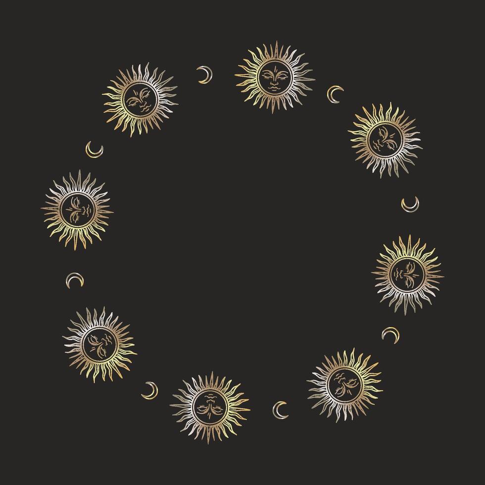 Mystical sun and moon celestial frame in gold gradient line art on black vector