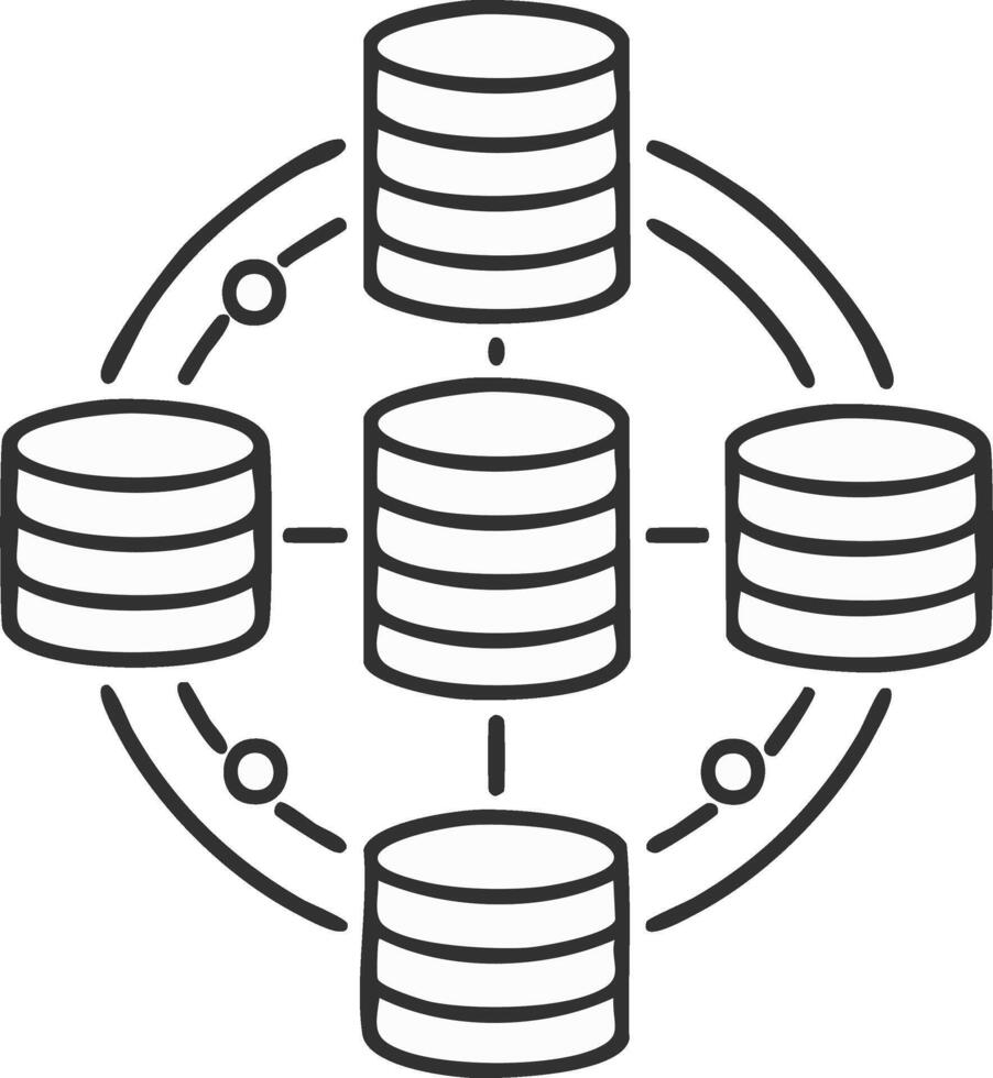 repartido datos red y servidor arquitectura icono representando interconectado base de datos sistemas y nube informática vector