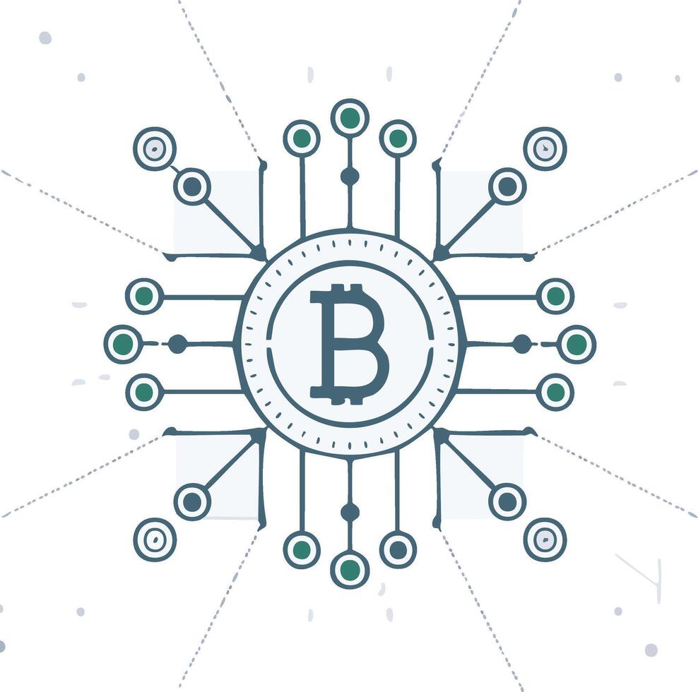 Digital currency network centered on Bitcoin symbol connecting multiple nodes in abstract technology concept vector