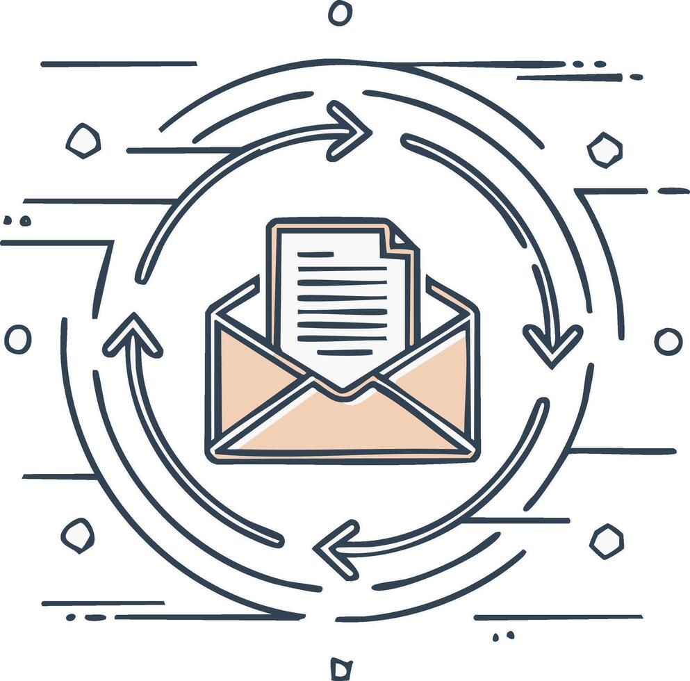 Stylized illustration with envelope containing document surrounded by looping arrows for email marketing and campaign automation concepts vector