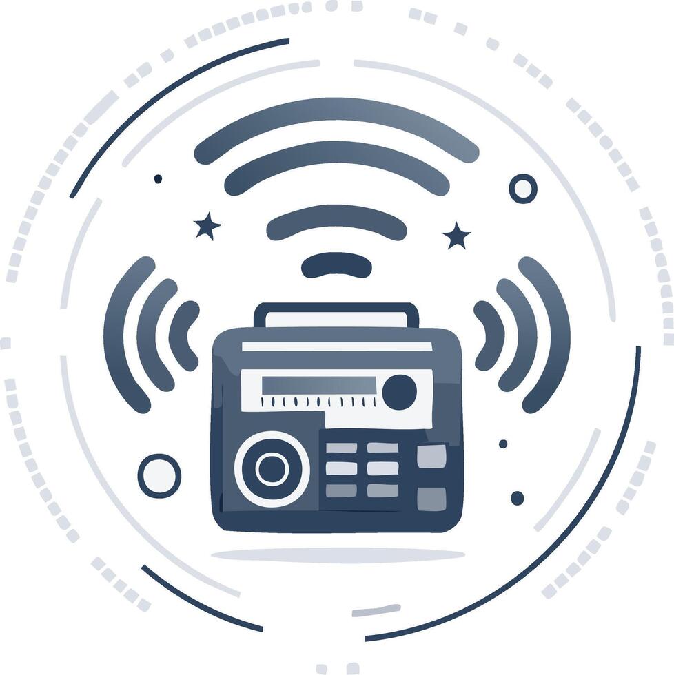 Stylized radio illustration with signal waves, circles, stars and retro design elements, graphic for media and communication vector