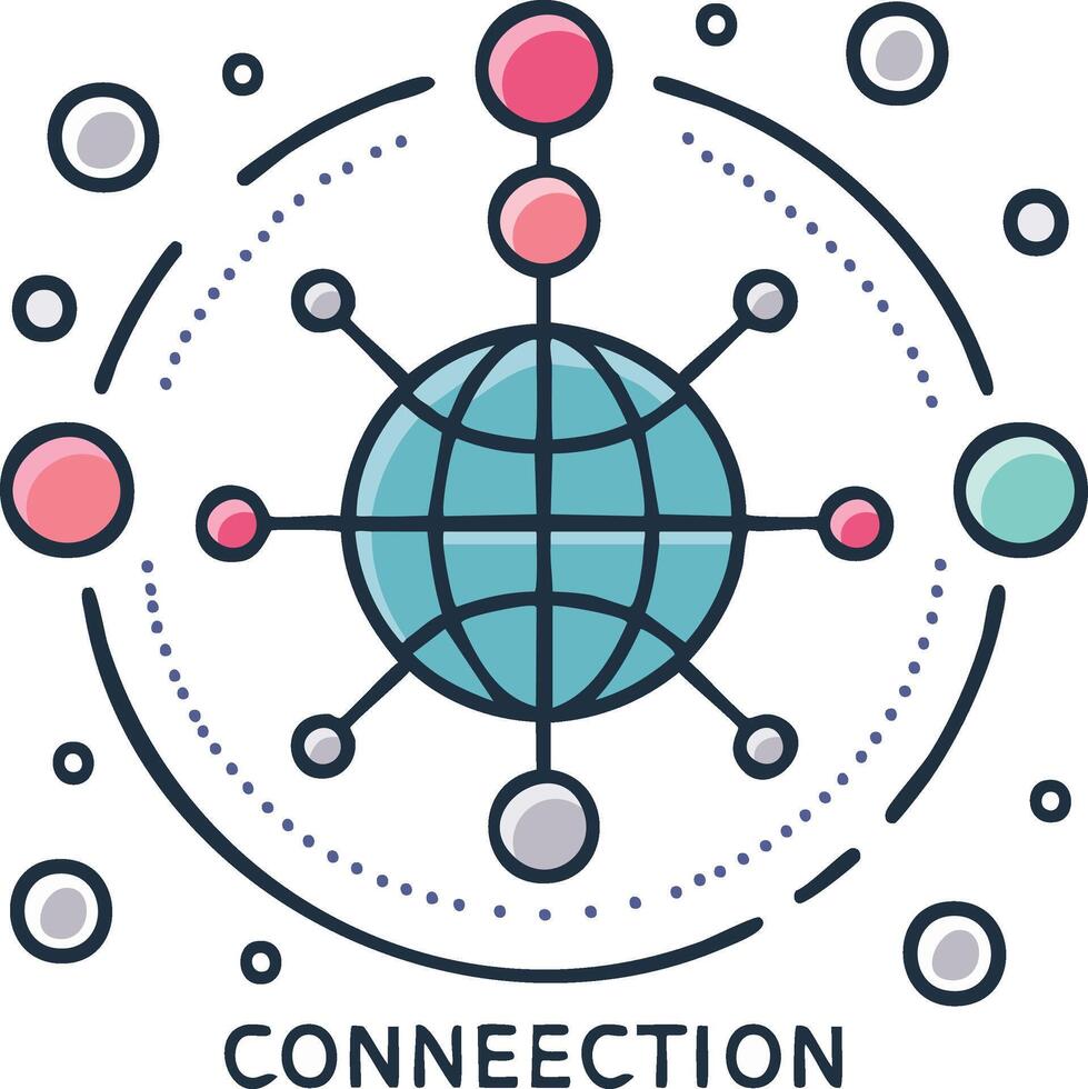 Cartoon earth globe networking concept graphic with abstract lines and floating circles for global connectivity vector