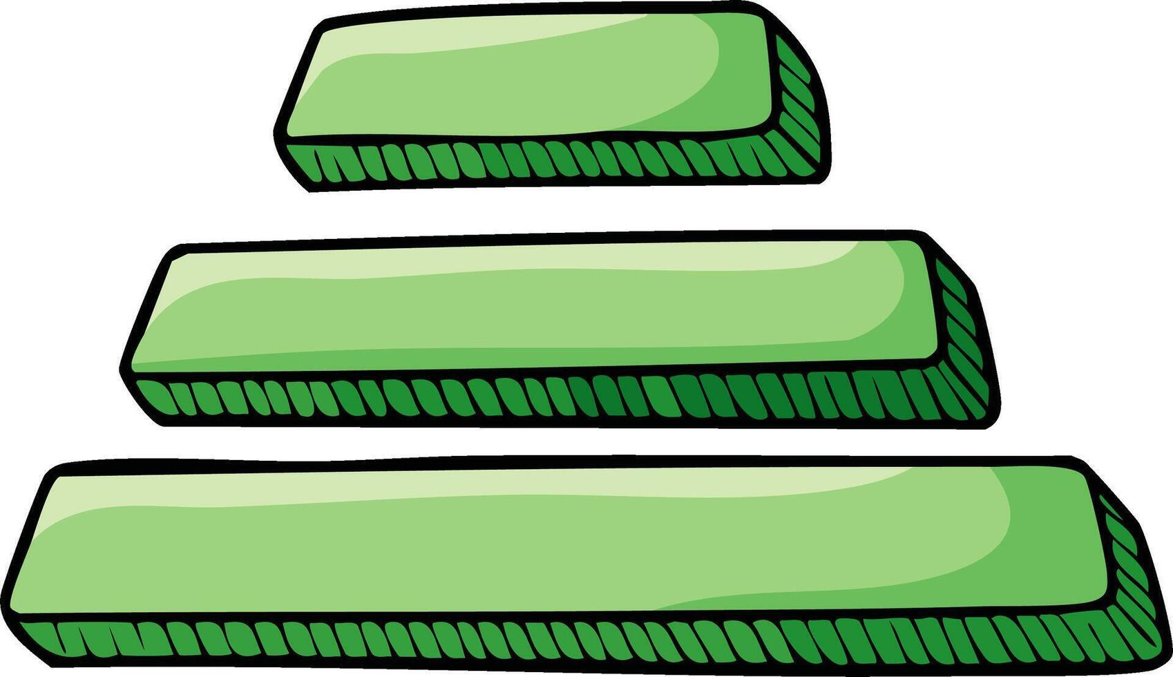 Illustration of three gradient green rectangular blocks stacked in a diminishing order creating a pyramid or steps vector