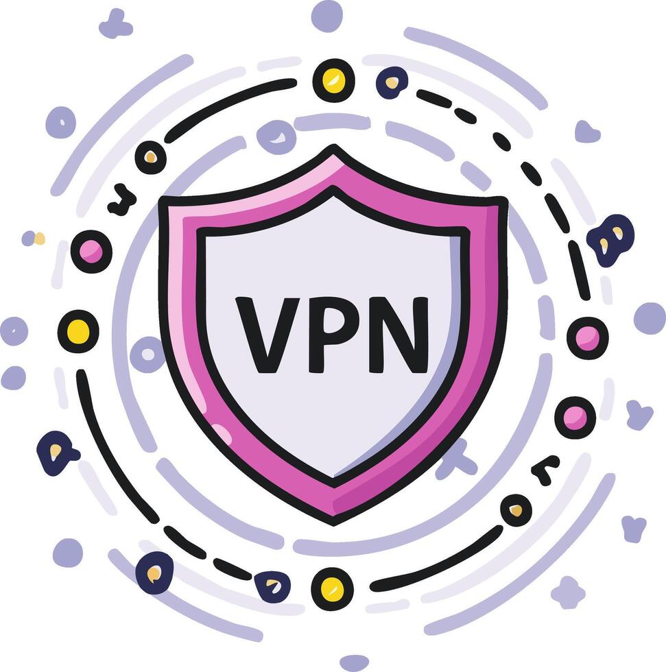 Colorful VPN Shield Symbol Illustrating Security with Creative Design Elements and Data Stream vector