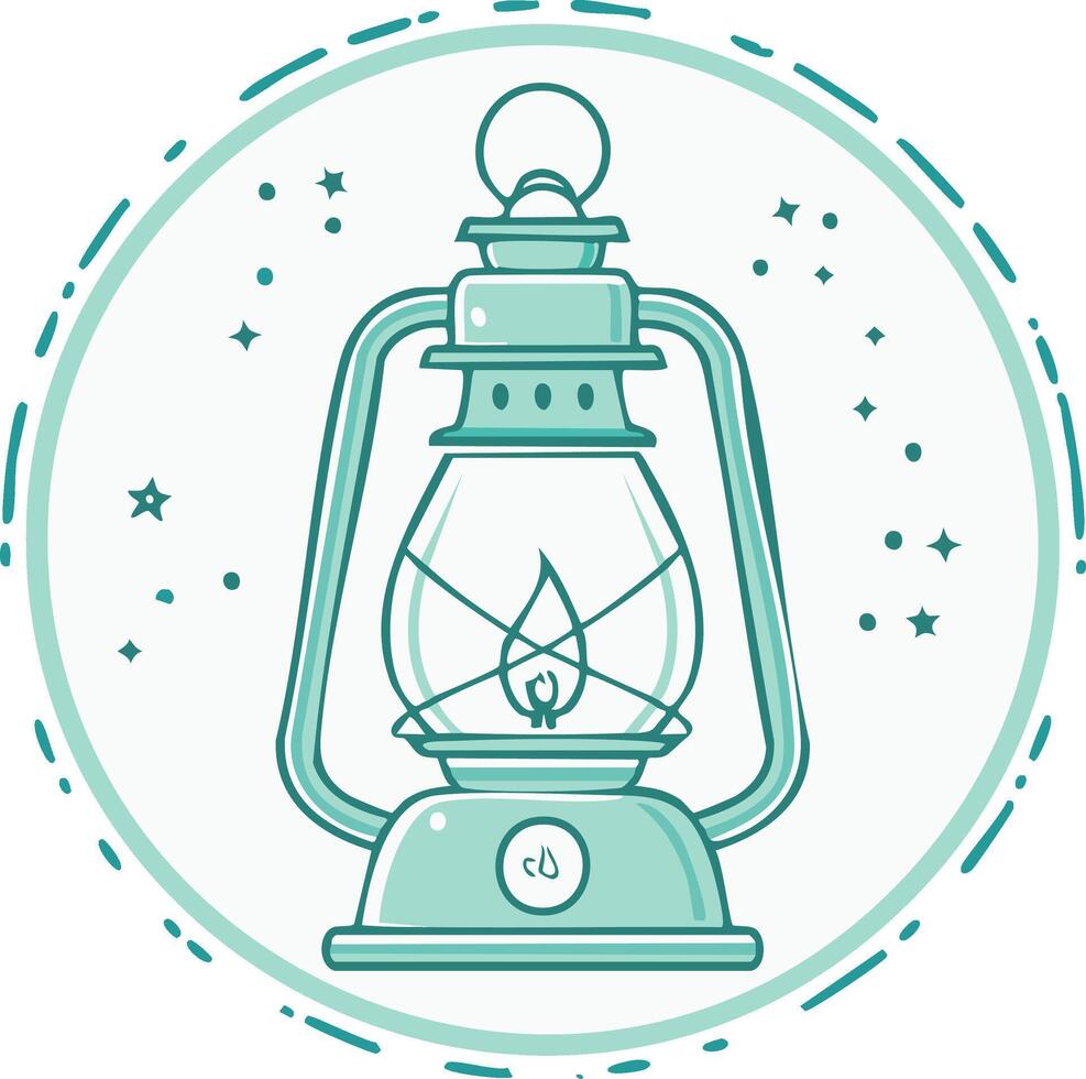 Vintage kerosene lantern with glowing flame illuminated against a starry sky in a circle emblem vector