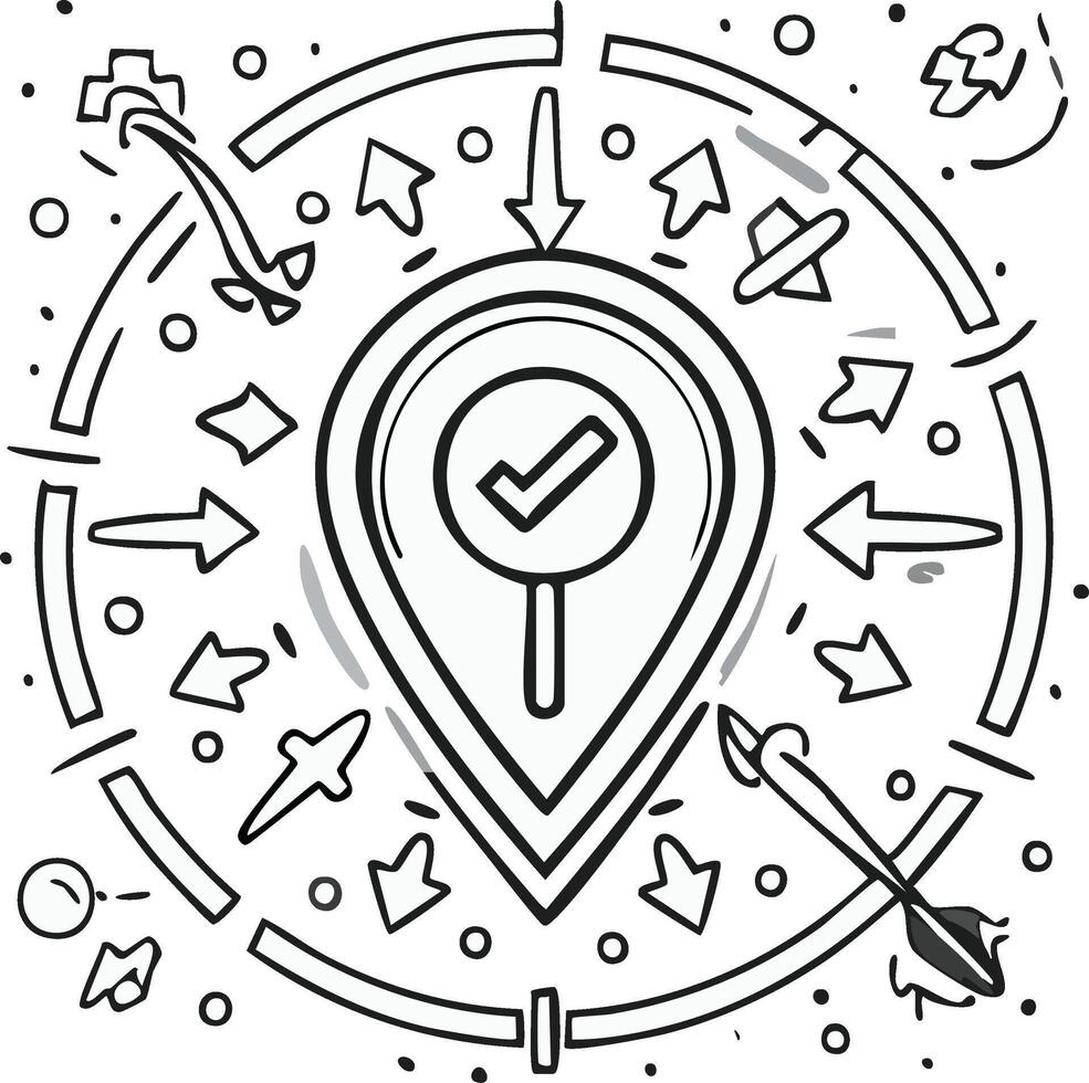 Doodle line art of arrows pointing to a confirmed location pin with checkmark for successful precise targeting vector