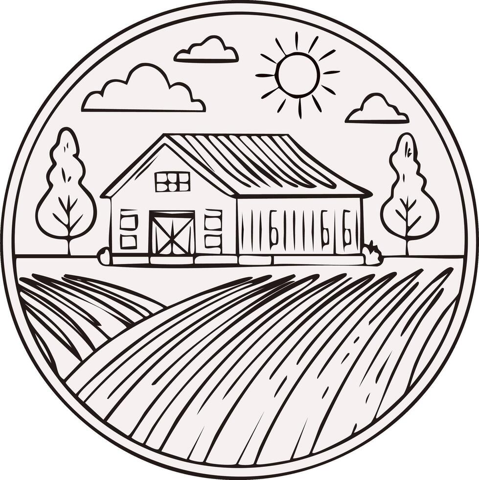 Farmhouse scene with fields trees clouds and sun sketch in circle emblem vector