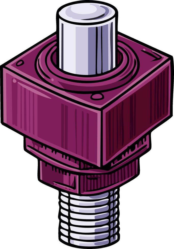 isométrica ilustración de un robusto púrpura mecánico componente presentando un roscado base y suave cilíndrico eje en parte superior vector