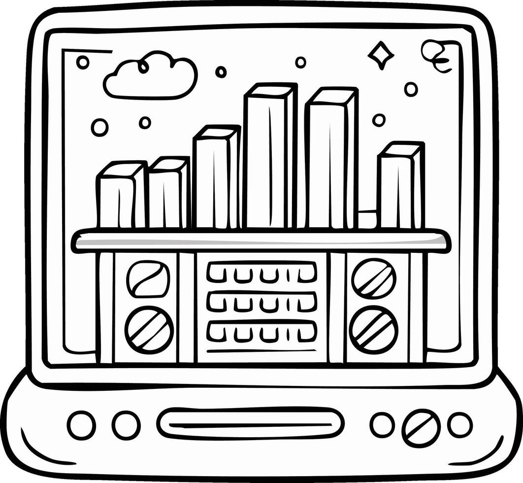 Computer Graphic with Data Visualization and Controls, Doodle Illustration Style, Line Art vector