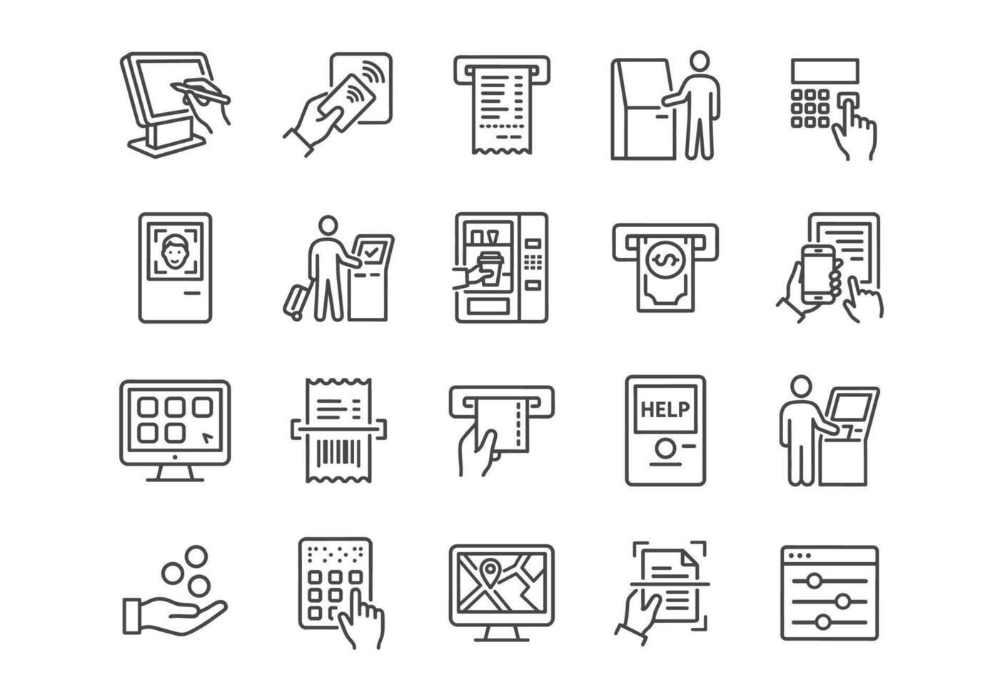 Self-service kiosk and terminal line icons. illustrations of ATMs, vending machines, payment methods, biometric scanners, and automated retail interactions in a clean outline style. vector