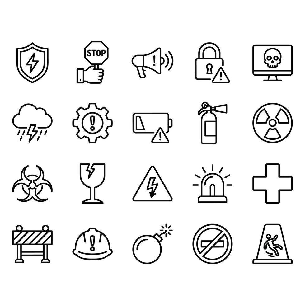 A set of 20 clean line icons for safety, warning, and danger signs. Includes symbols for caution, hazard, security, and emergency. Isolated outline design on white background. vector