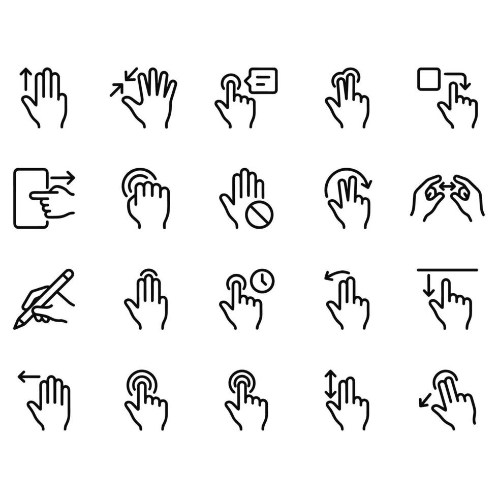 20 line icons depicting touchscreen hand gestures. Outline symbols for mobile UI actions like tap, swipe, pinch, scroll, multi-touch, and stylus use. Clean black strokes. vector