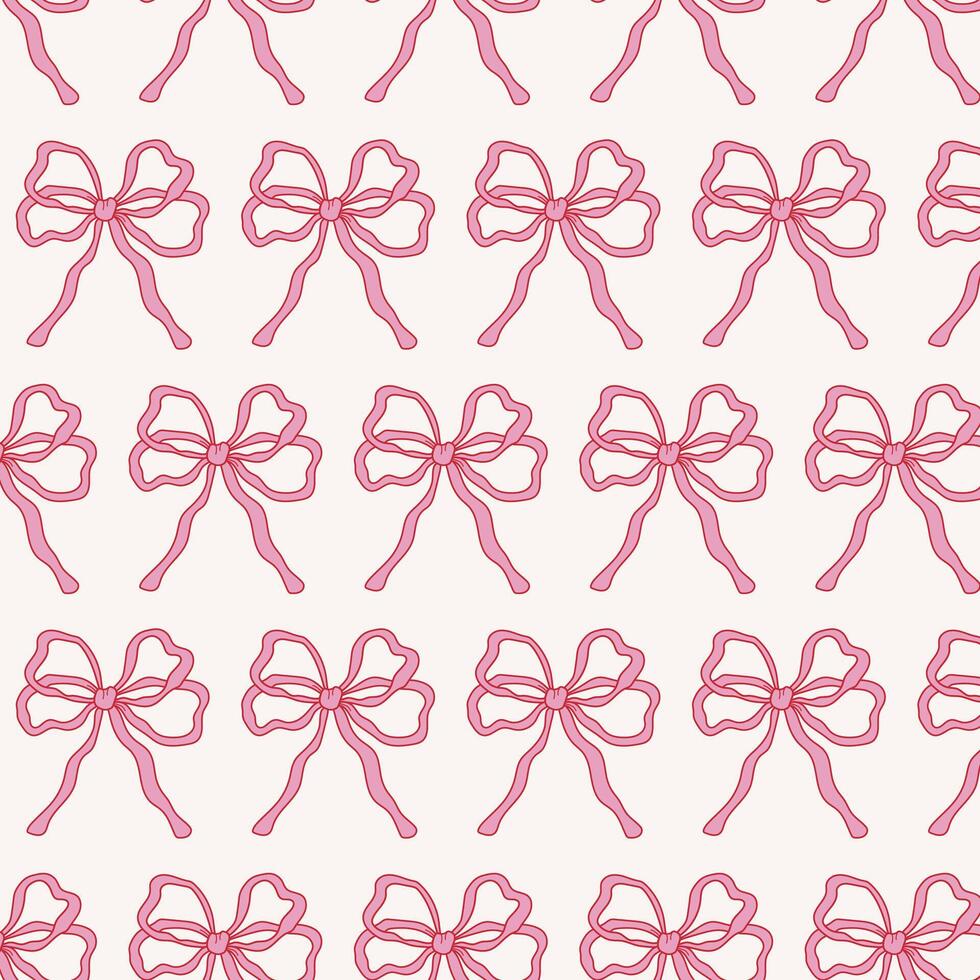 Minimal seamless pattern with ribbon bow outline on a clean white background. Light feminine design perfect for stationery, packaging, fabric and repeat surfaces. vector