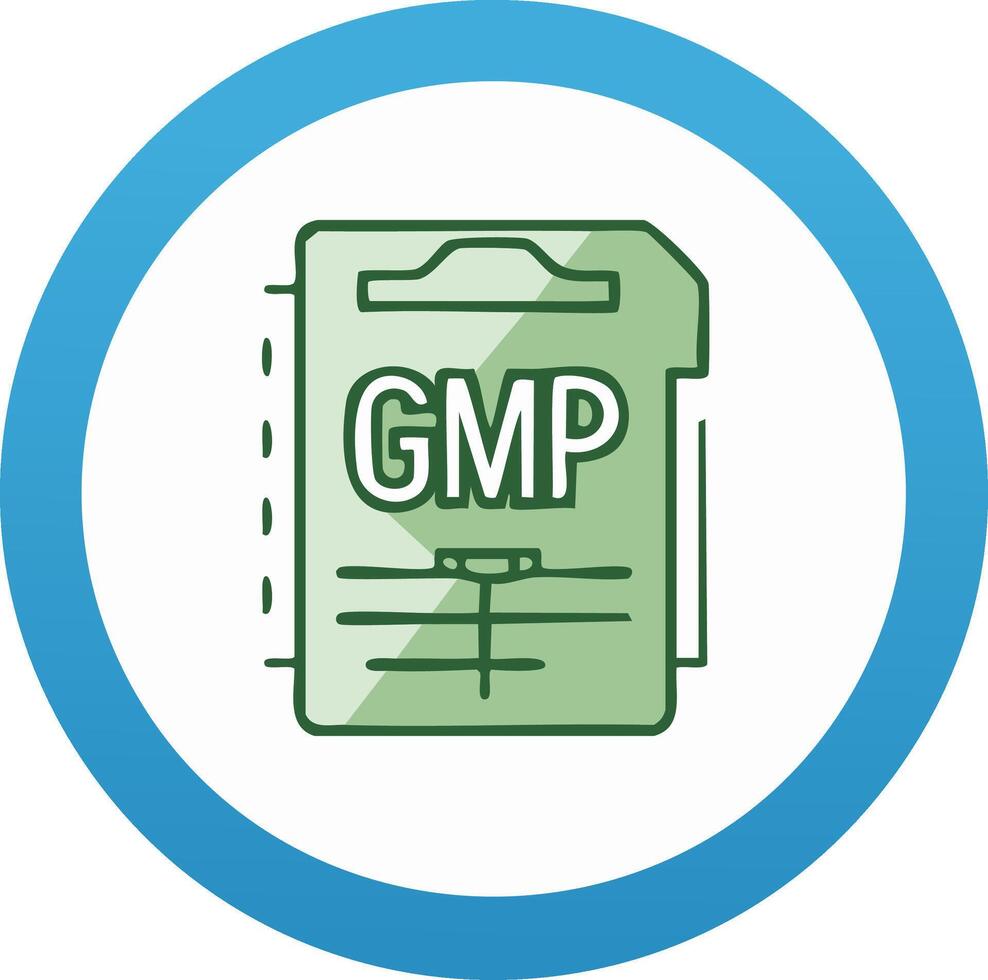 Green GMP File in a Blue Gradient Circle Good Manufacturing Practices Graphic vector