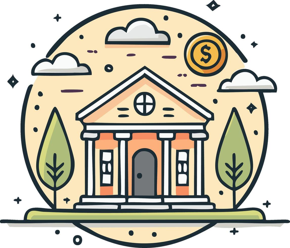 Illustrated bank building with coin and trees within a circle frame, finance concept vector