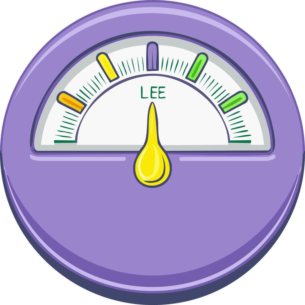 Round purple level indicator gauge with a colorful scale and a drop shaped pointer cartoon illustration vector