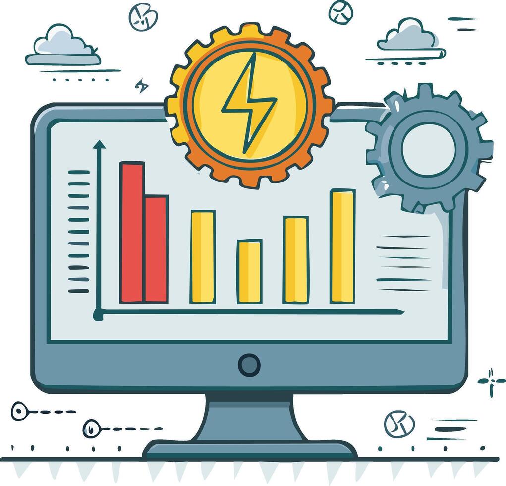 datos análisis computadora monitor con bar gráfico y poder engranajes icono vector