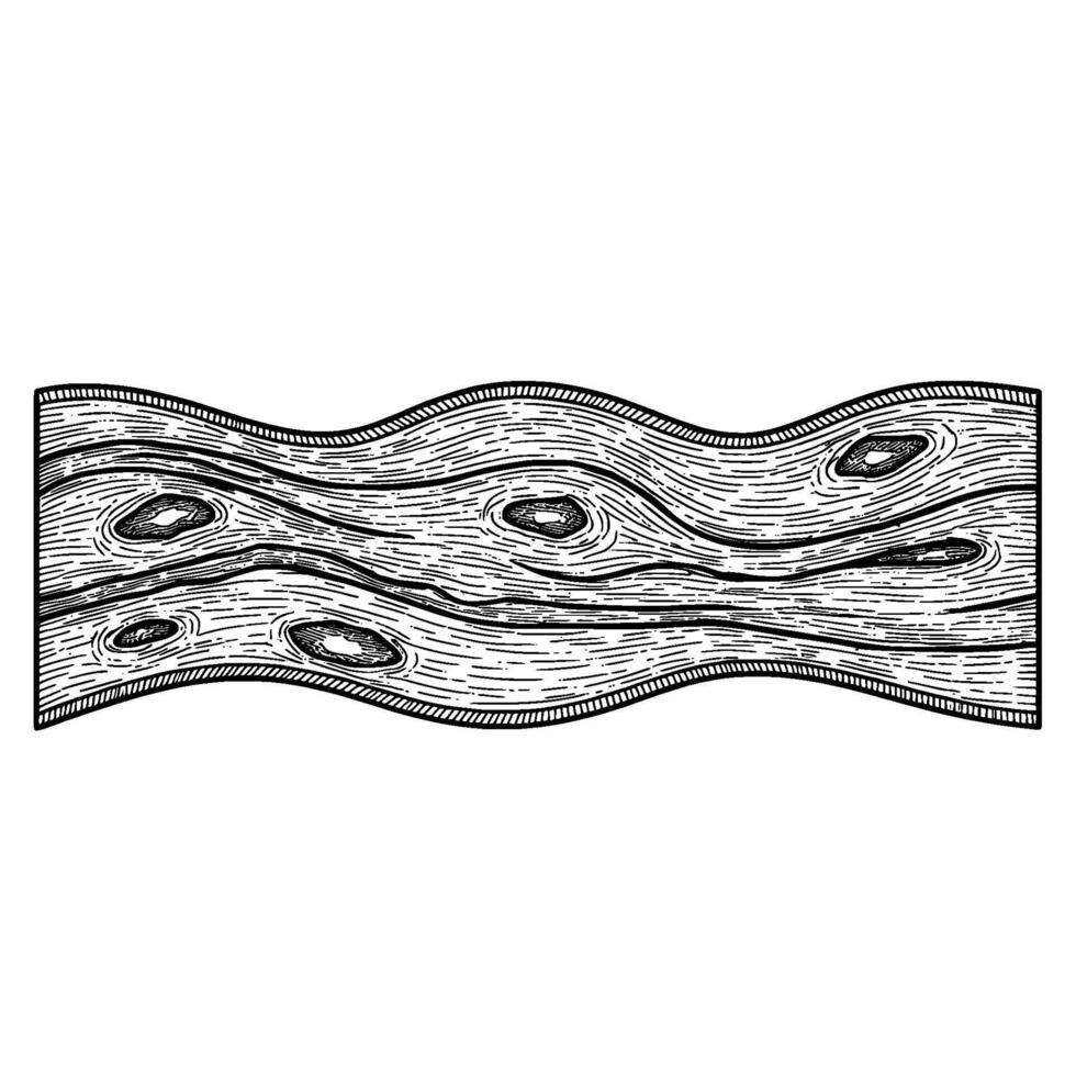 A detailed etched illustration of a wavy wooden plank with prominent knots and a distinct wood grain pattern creating a rustic and organic texture for elements vector