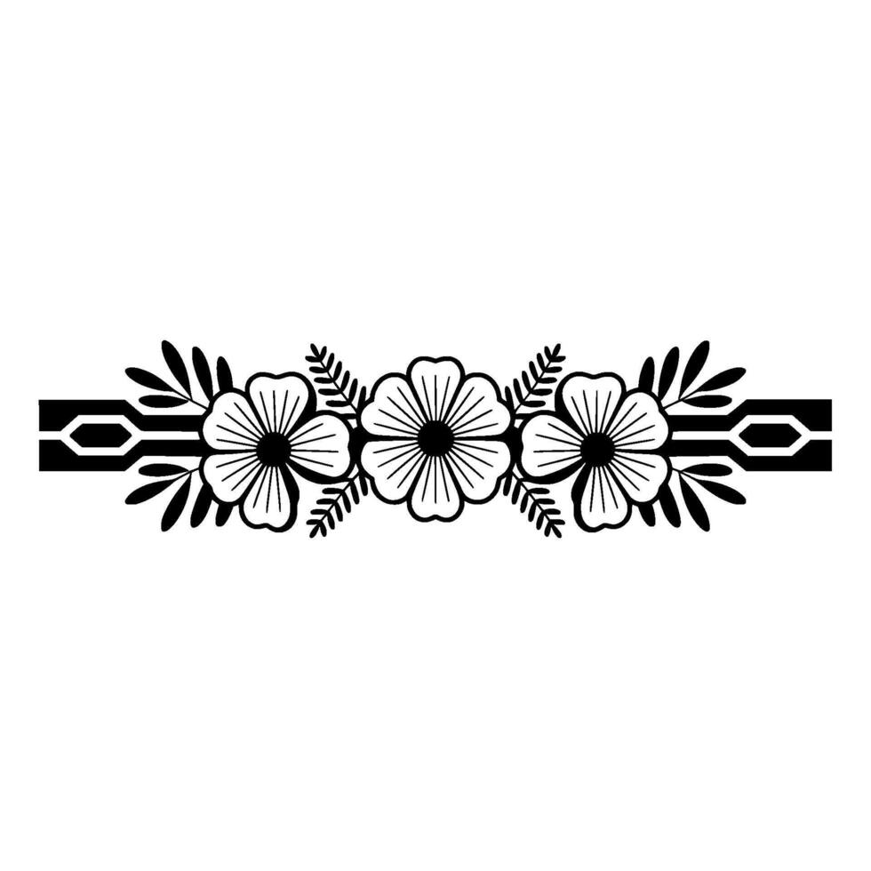 A symmetrical illustration of three delicate open faced flowers with radiating petals and leafy stems separated by abstract geometric border elements vector