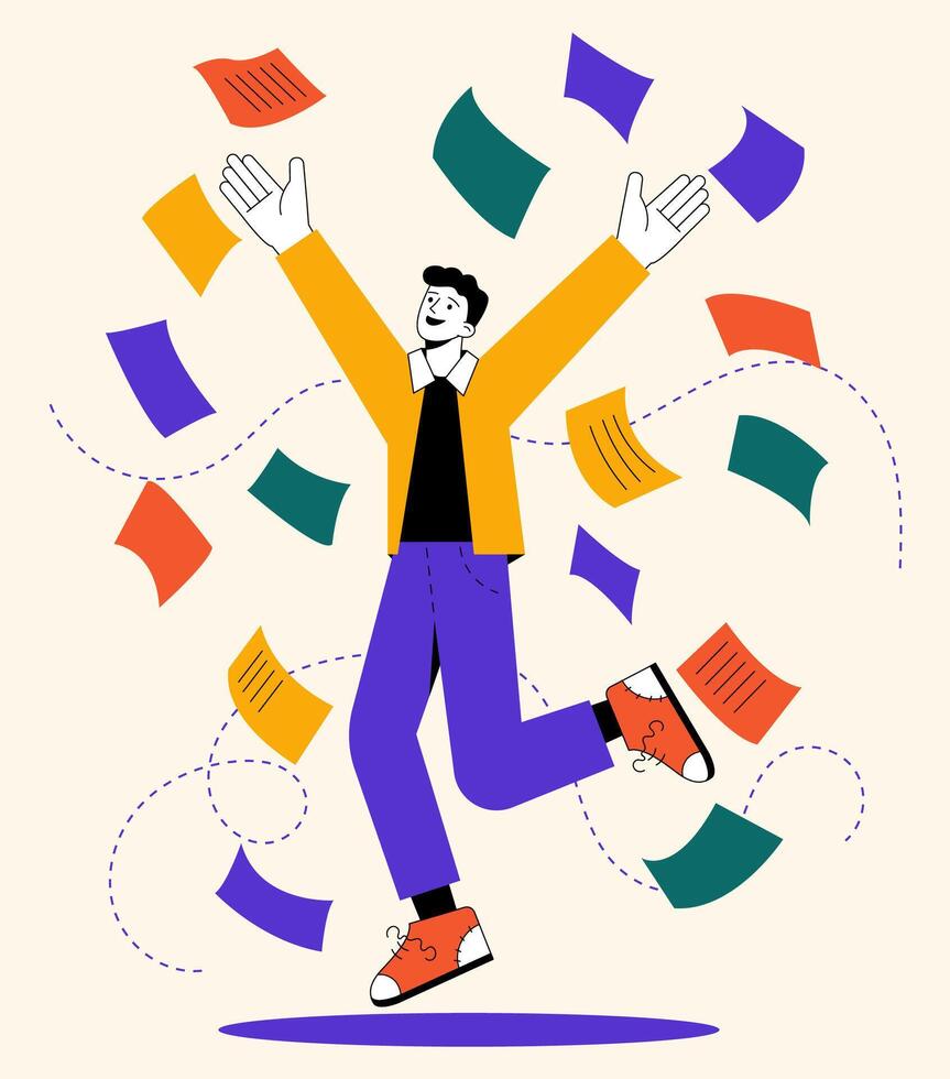 A person is celebrating a completed project by joyfully throwing papers into the air. The scene shows an office setting with colorful papers and an expression of happiness. vector