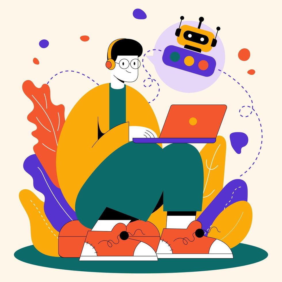 A person sits on the ground with a laptop, using an AI assistant to write notes. The setting has colorful shapes and leaves, creating a fun digital workspace. Headphones are worn for focus. vector