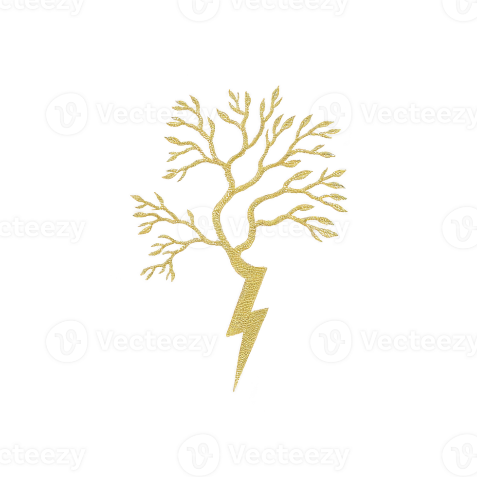 Golden tree lightning bolt abstract nature energy minimalist isolated transparency background modern decorative design. golden tree with branches transforms into lightning bolt symbolizing power png