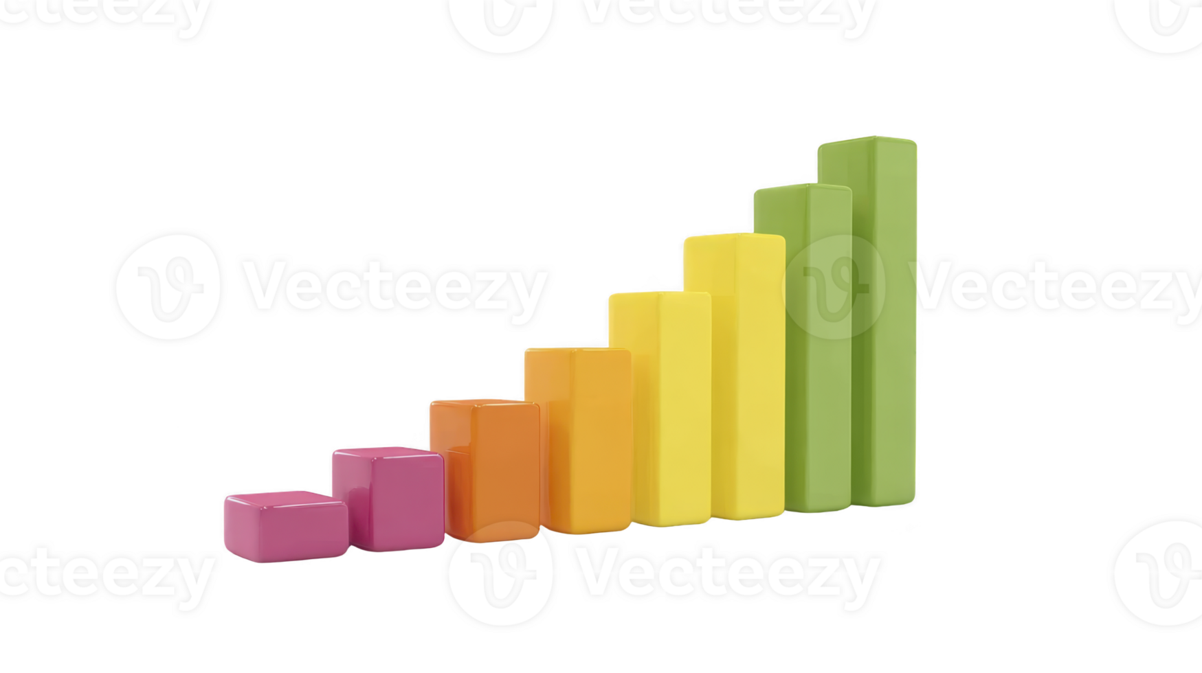 Colorful 3D bar chart with ascending rectangular columns in pink orange yellow and green representing growth progress or data analysis in modern minimal style png
