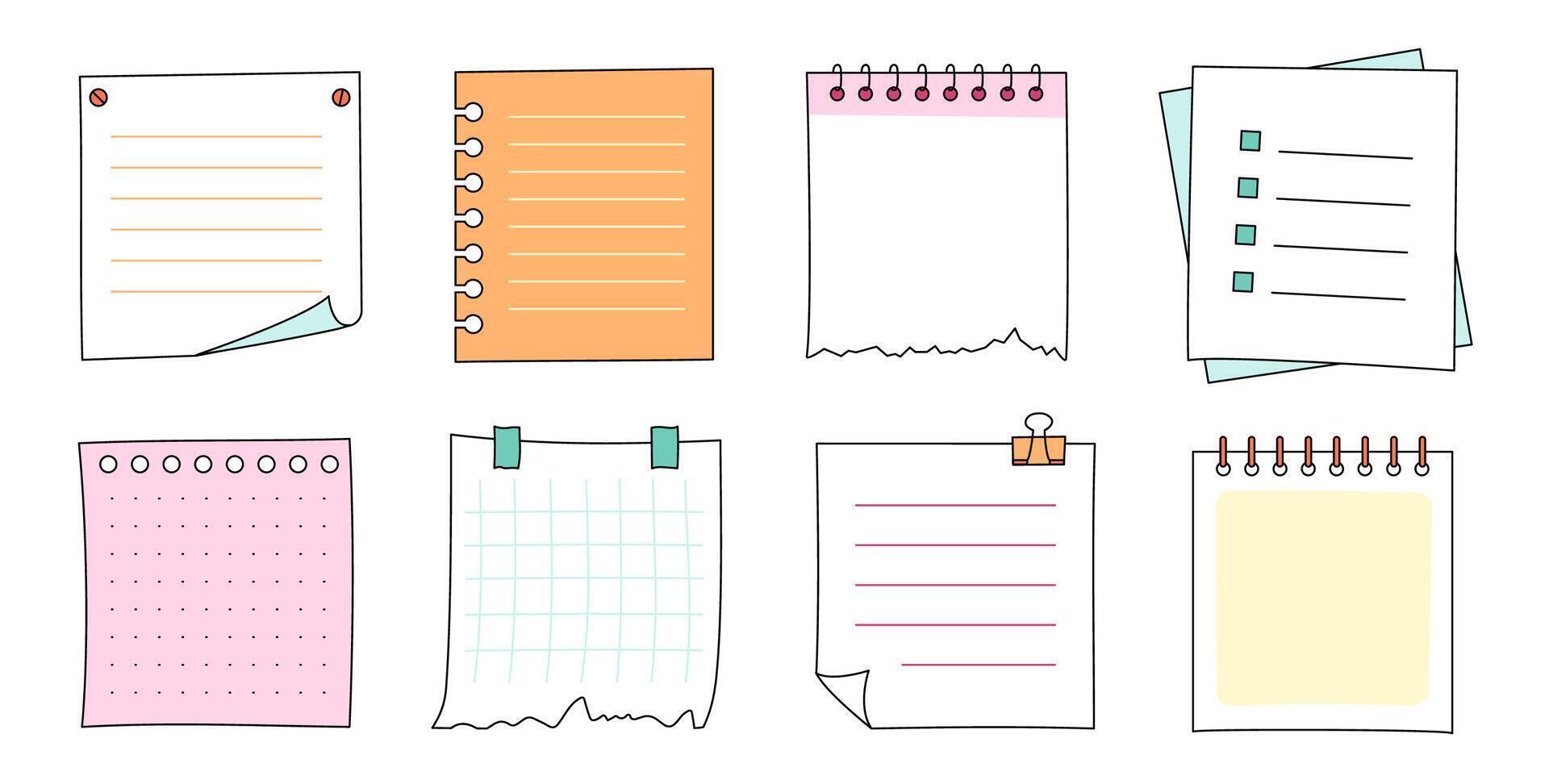 Memo frame note paper line cute planner sheet set. Notebook paper note frame for task list page, to do list sticker sheet. Hand drawn kid sketch line style reminder sticker. vector