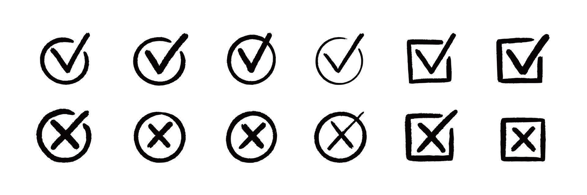 Check, cross mark icon set. Cross box x check mark checkbox v list draw hand drawn sketch doodle brush marker checklist symbol wrong right circle. vector