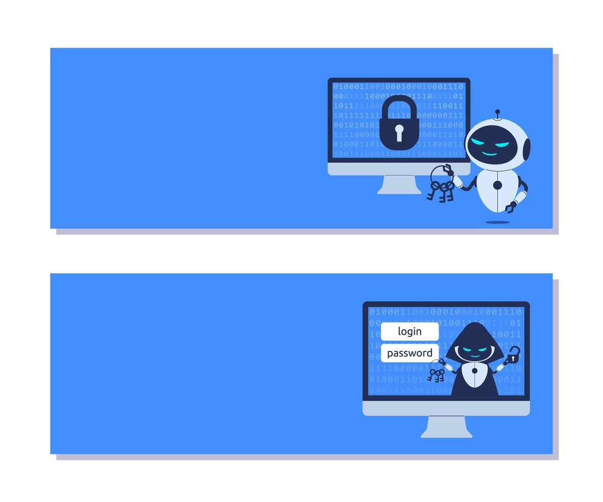 Horizontal background for Cybersecurity with copy space for text. AI robot with stolen passwords for presentations, websites, social media vector