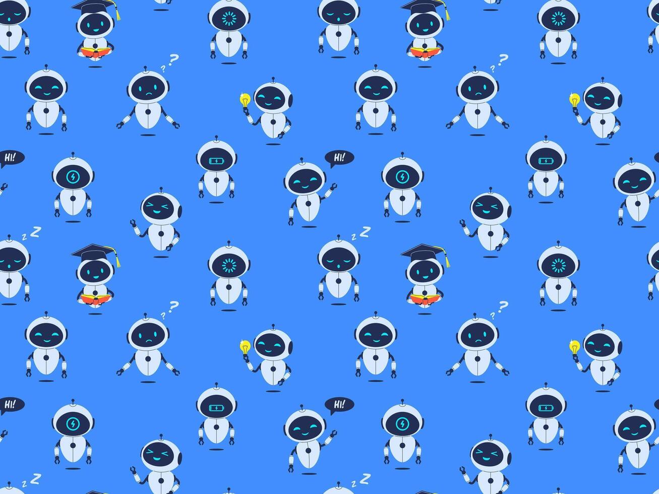 Flat style seamless pattern with robots. illustration for web design, textile, backgrounds vector