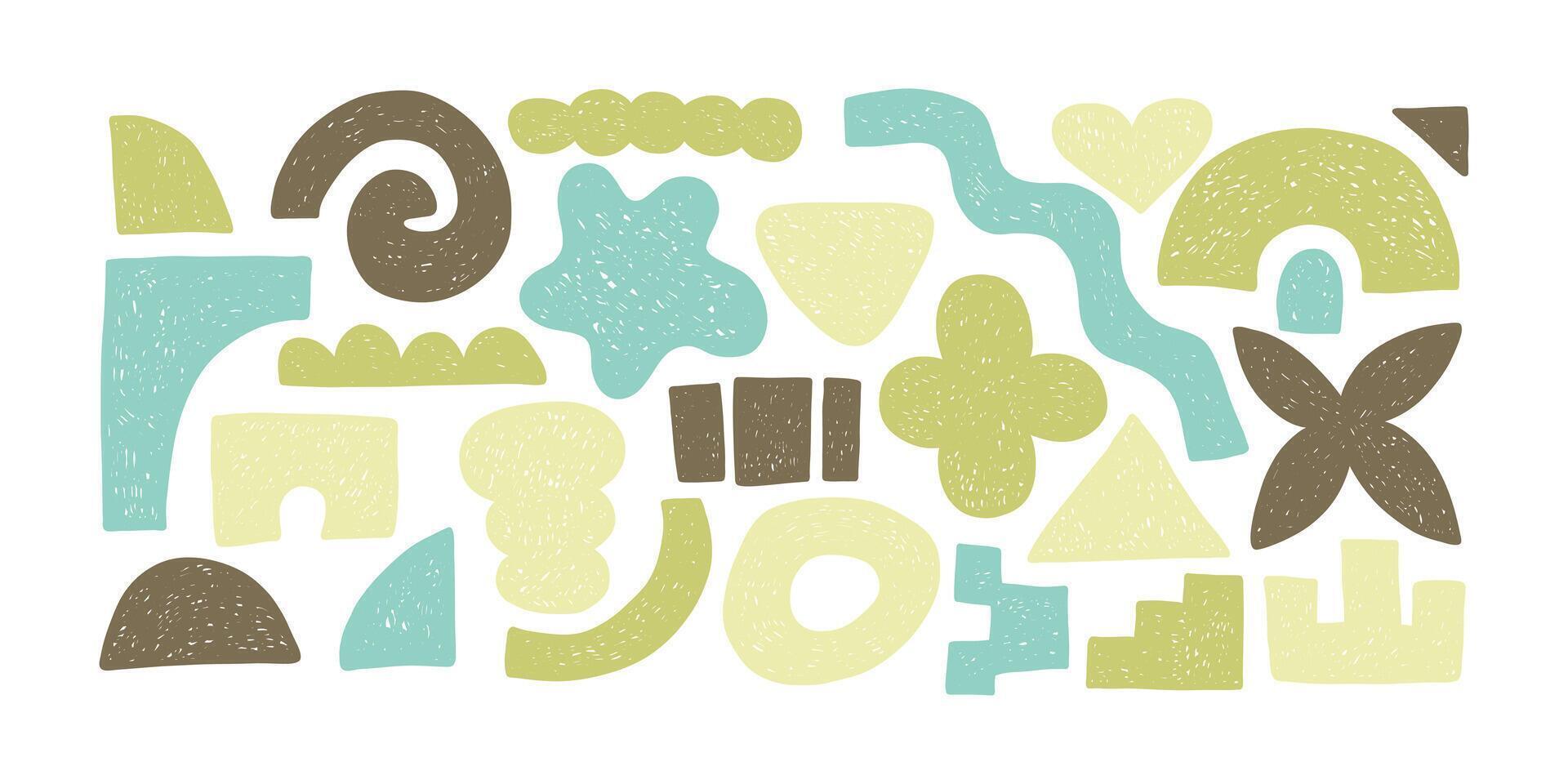 Abstract crayon shapes collection set. Simple freeform, asymmetric blob. Hand drawn trendy basic figures. Liquid organic curve shape figure. Abstract bubble, wavy different form. Soft pattern. vector