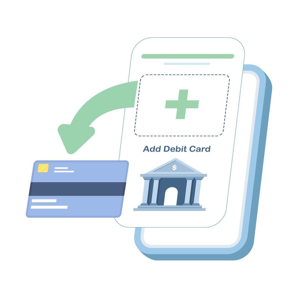 illustration of a mobile app UI showing add debit card form and pop-up, representing secure payment setup, save card details, and money transfer features. vector