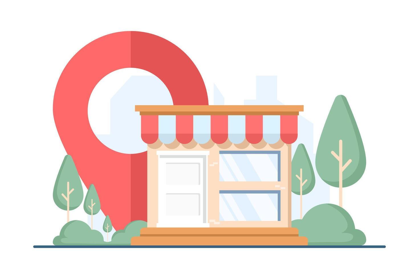 Illustration of shops marked on a map with GPS markers, representing store locations, navigation assistance, and location-based shopping concepts. vector