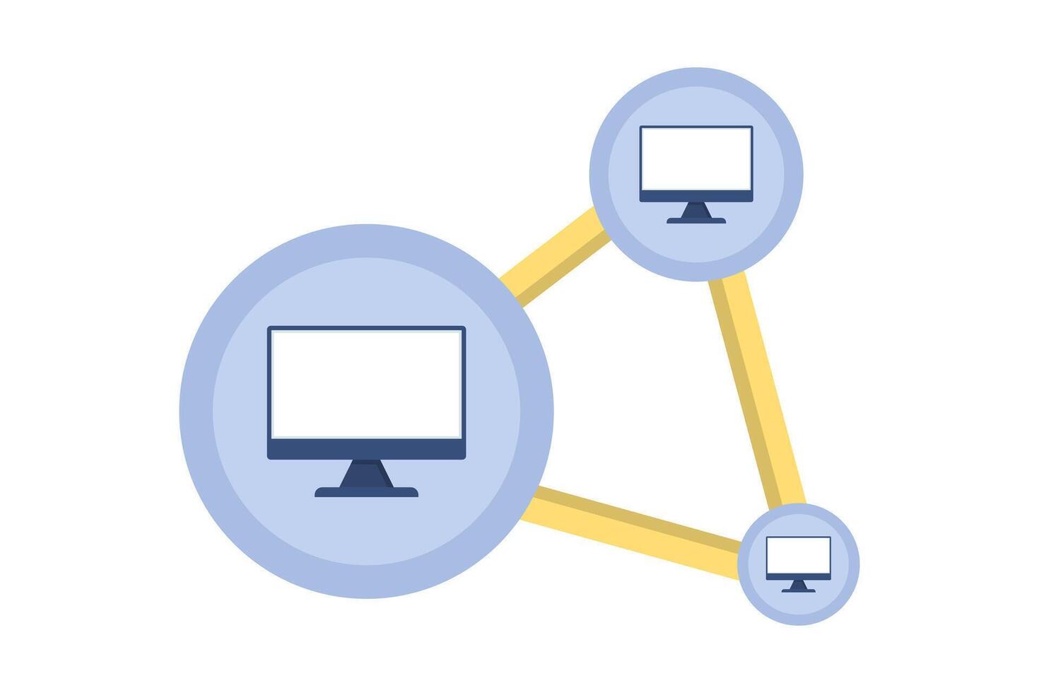 Minimalist illustration of connected computer icons forming a network topology, symbolizing digital connectivity, system integration, and device communication. vector