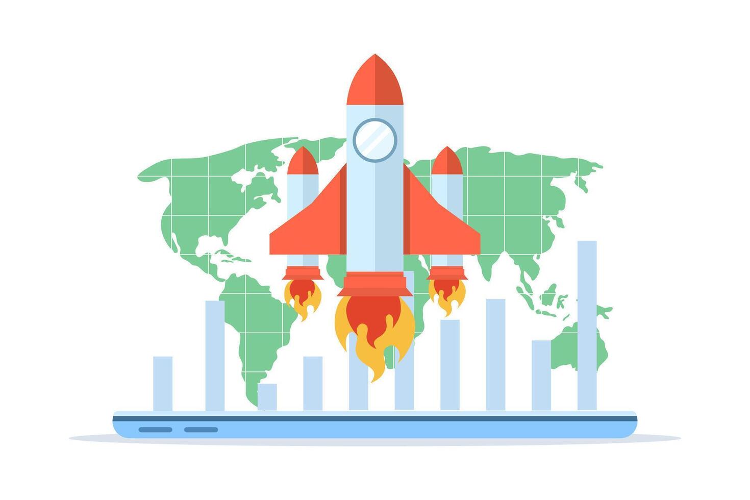 illustration of a business startup showing a rocket launch, global map, and computer device, representing global growth, technology, and digital marketing strategy. vector