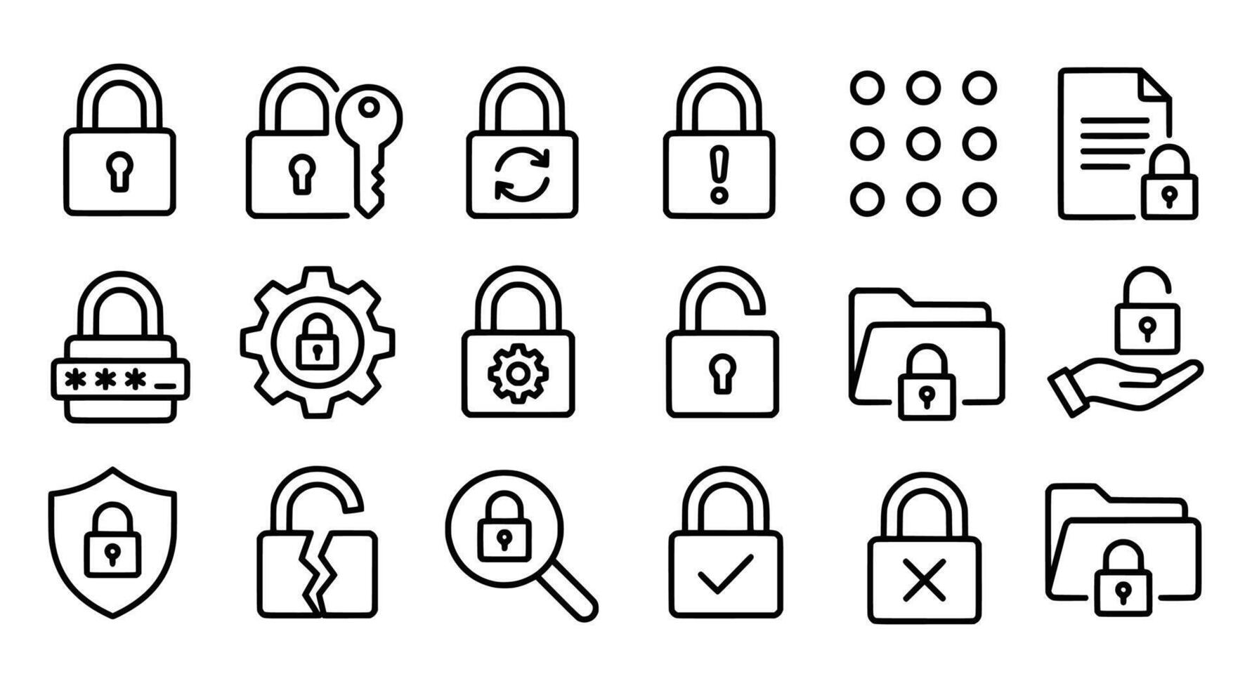 Comprehensive line art icon set for security, data protection, privacy, and digital locking mechanisms. vector