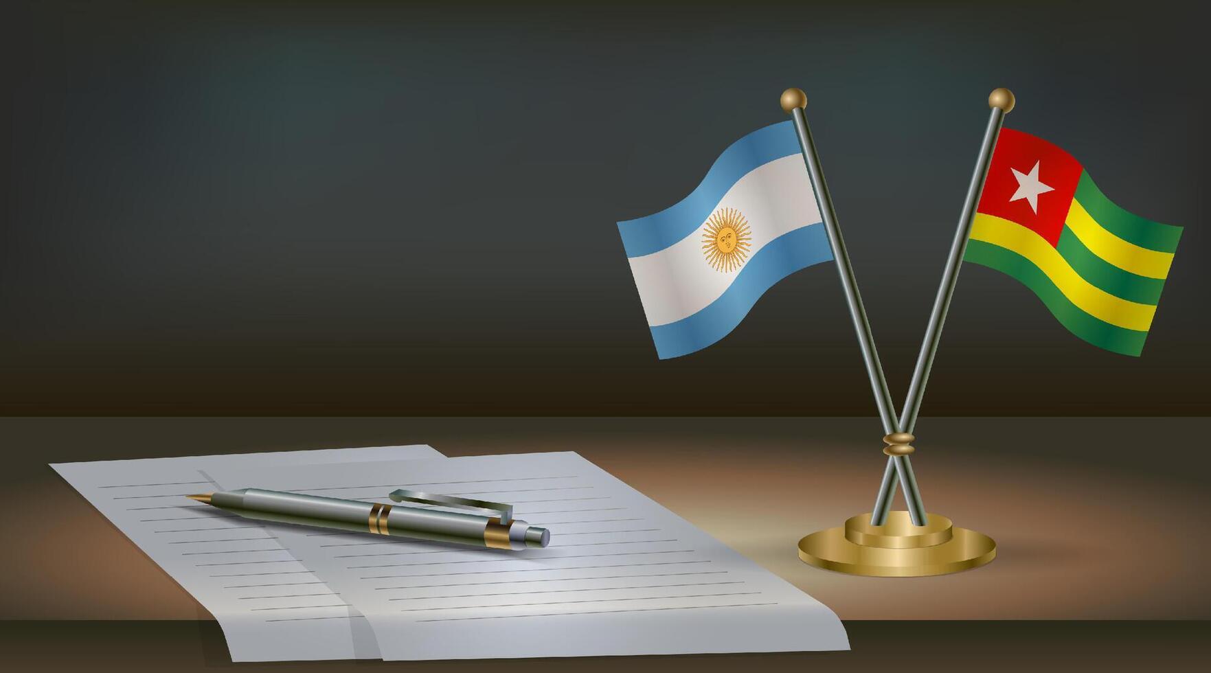 Argentina and Togo flags on table in office. International relations on a dark gradient color background. vector