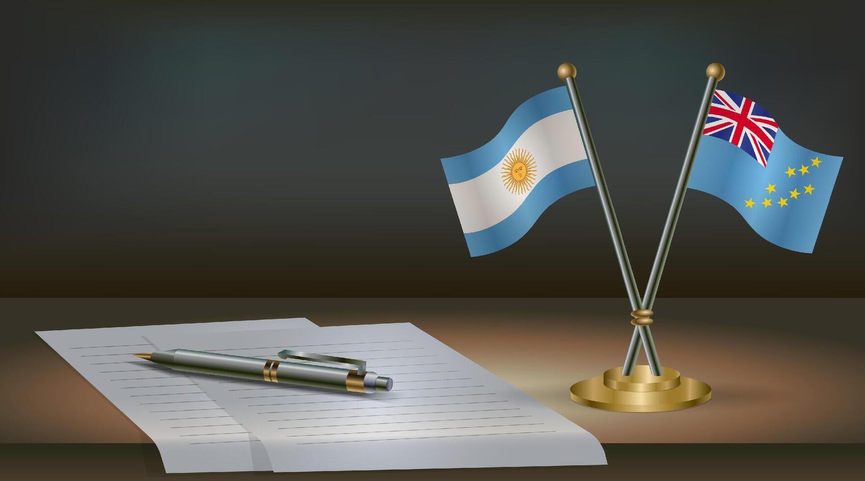 Argentina and Tuvalu flags on table in office. International relations on a dark gradient color background. vector