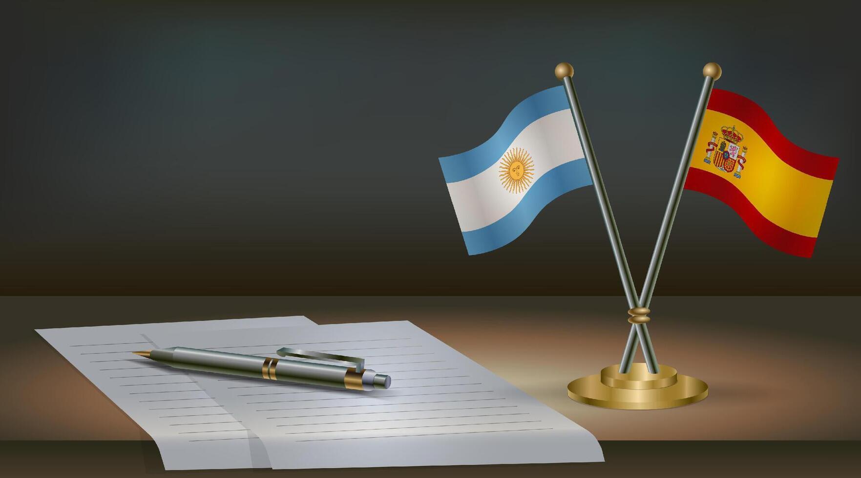Argentina and Spain flags on table in office. International relations on a dark gradient color background. vector