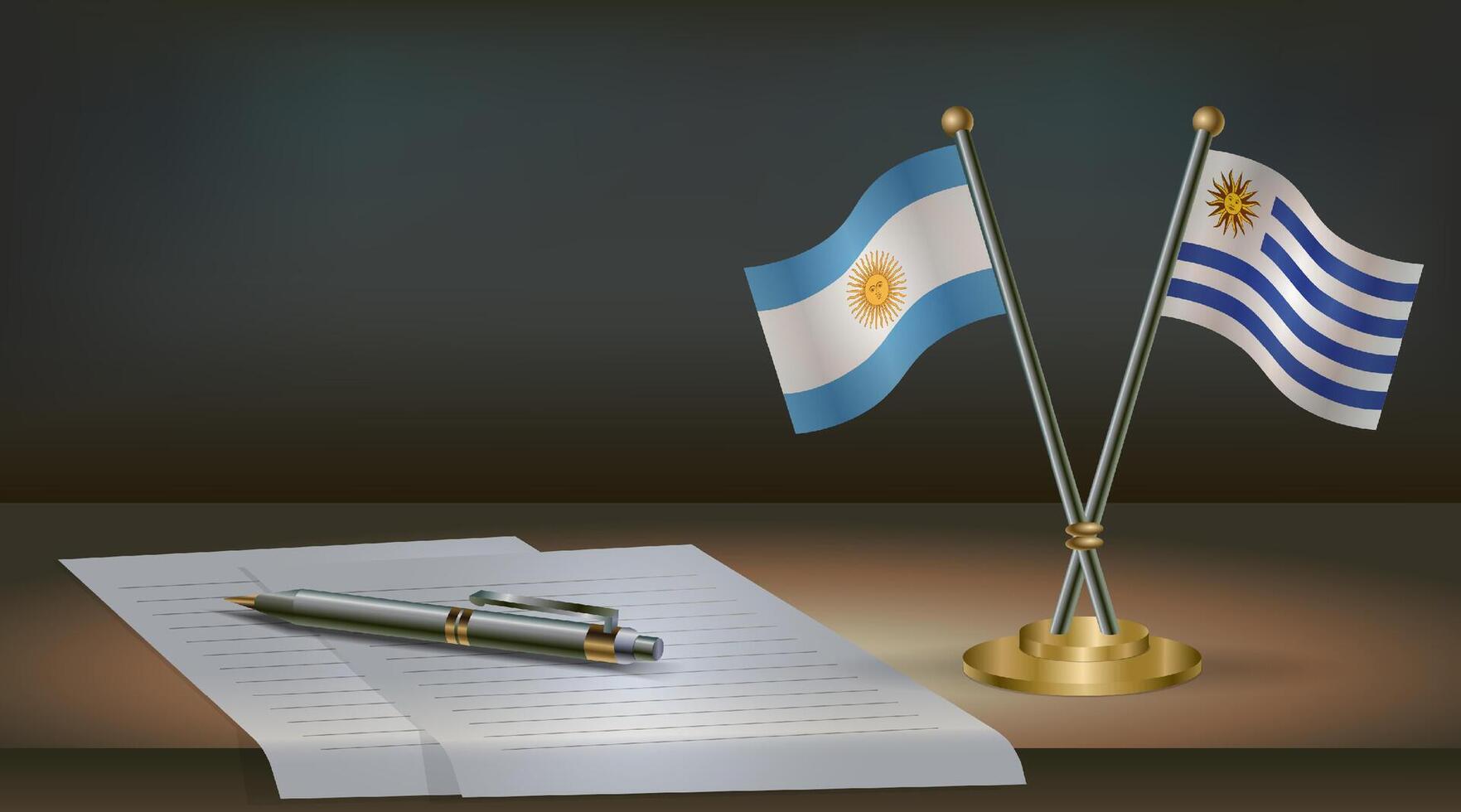 Argentina and Uruguay flags on table in office. International relations on a dark gradient color background. vector