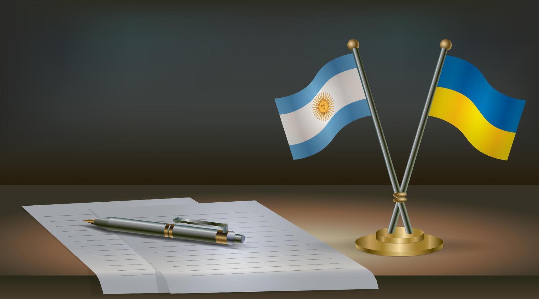 Argentina and Ukraine flags on table in office. International relations on a dark gradient color background. vector