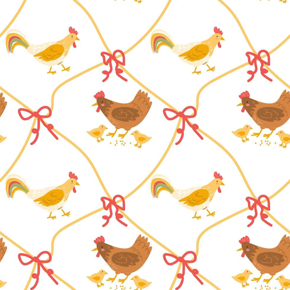 Cute farm birds pattern with diagonal grids and bows knots vector