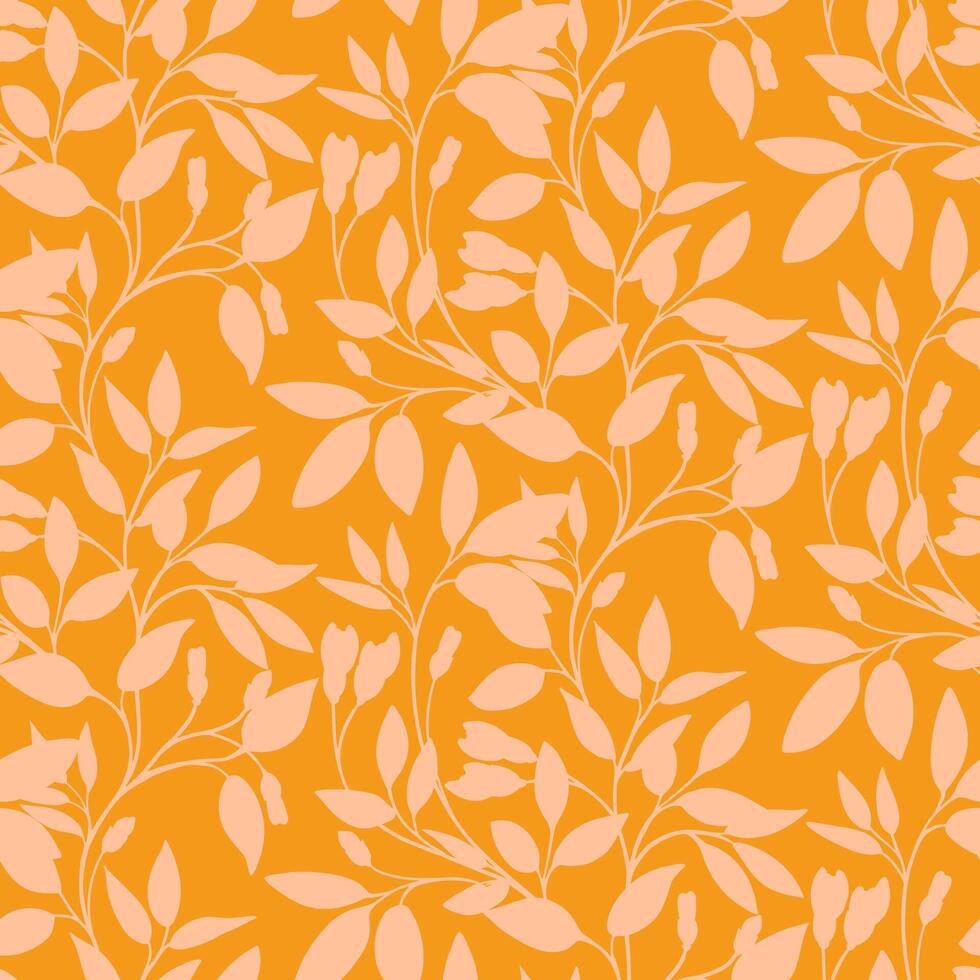 Elegant seamless pattern with delicate botanical branches and soft leaves in warm peach tones on an orange background for textiles, packaging, and modern decor vector