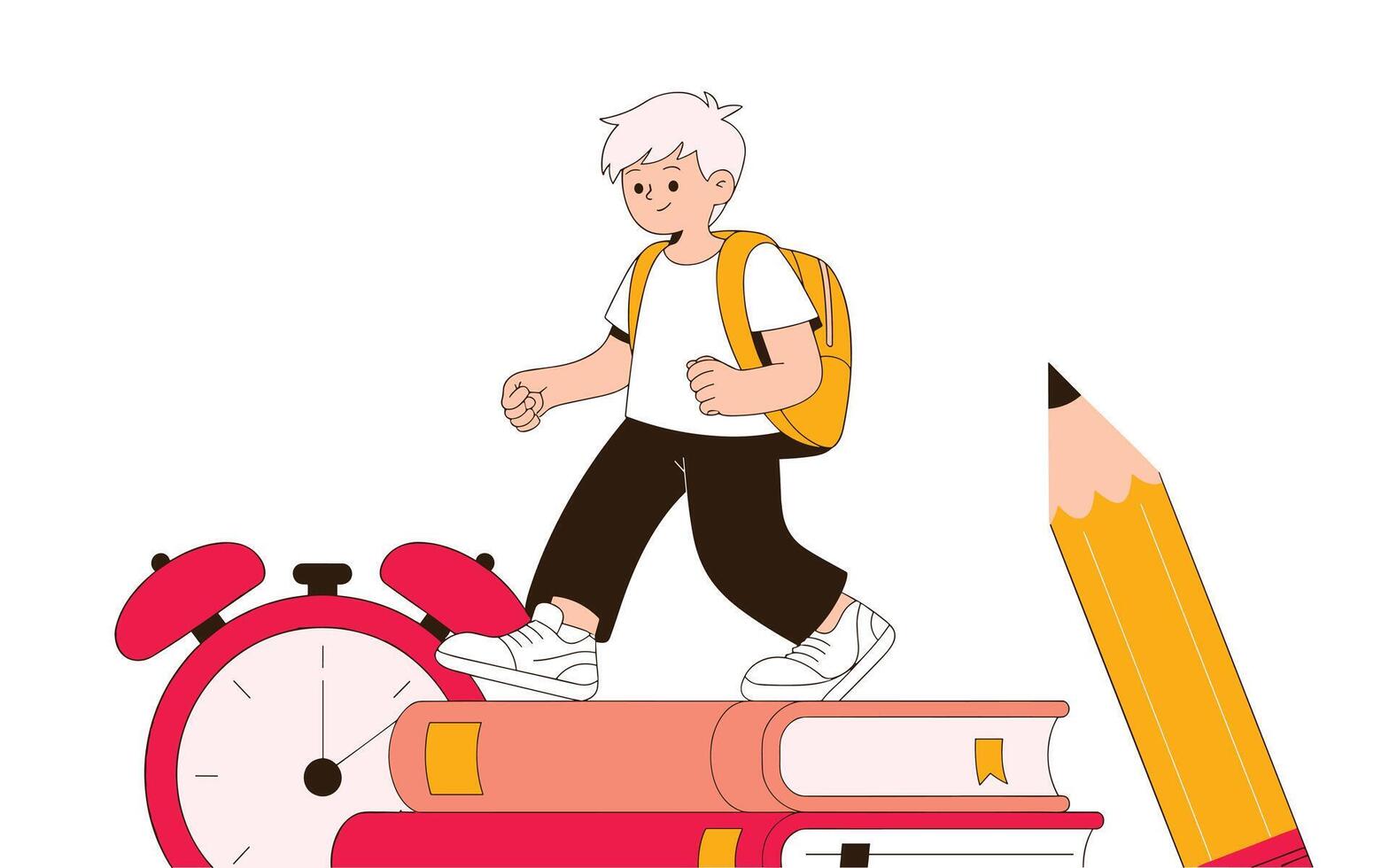 Boy Running on Books with Alarm Clock and Pencil vector