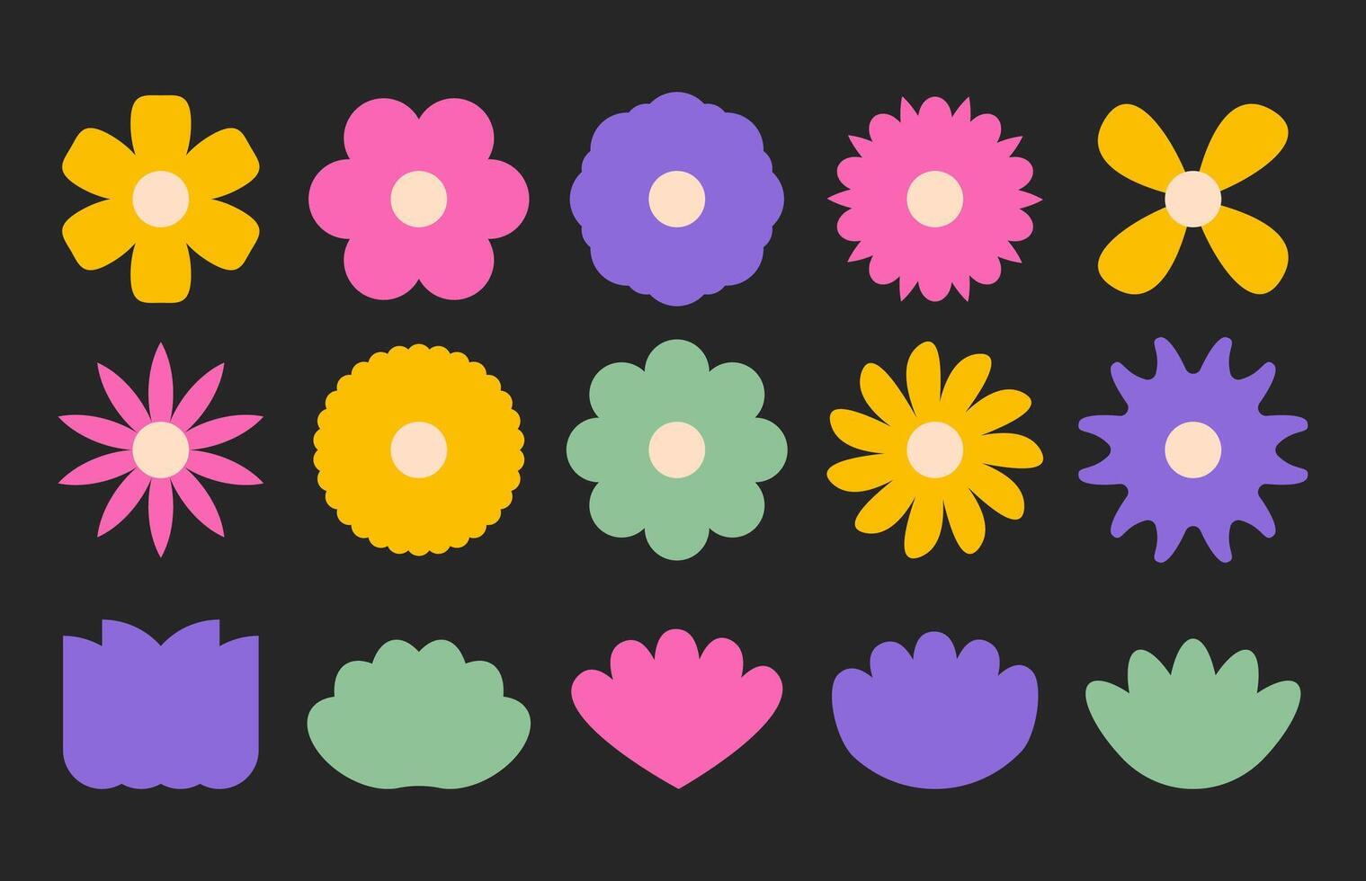 Collection of abstract rounded flower shapes and tulip icons in colorful flat style for modern botanical branding vector