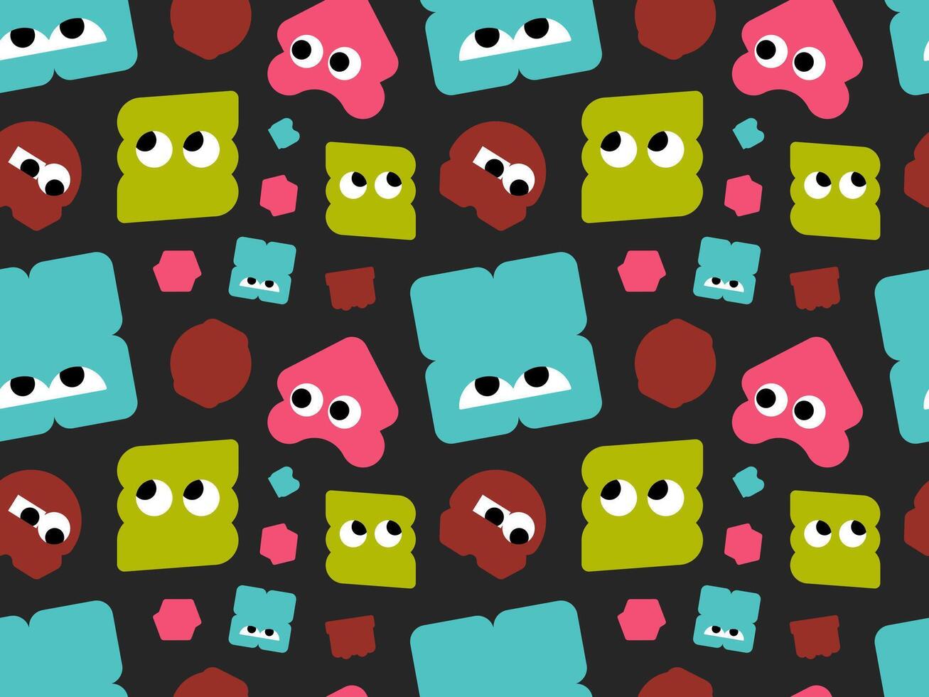 Seamless pattern featuring cute colorful geometric block monsters and characters on dark background for textile design vector